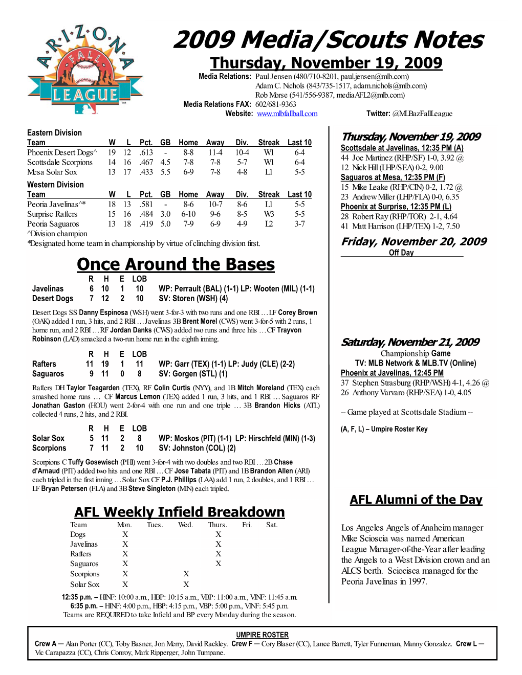 2009 Media/Scouts Notes Thursday, November 19, 2009 Media Relations: Paul Jensen (480/710-8201, Paul.Jensen@Mlb.Com) Adam C