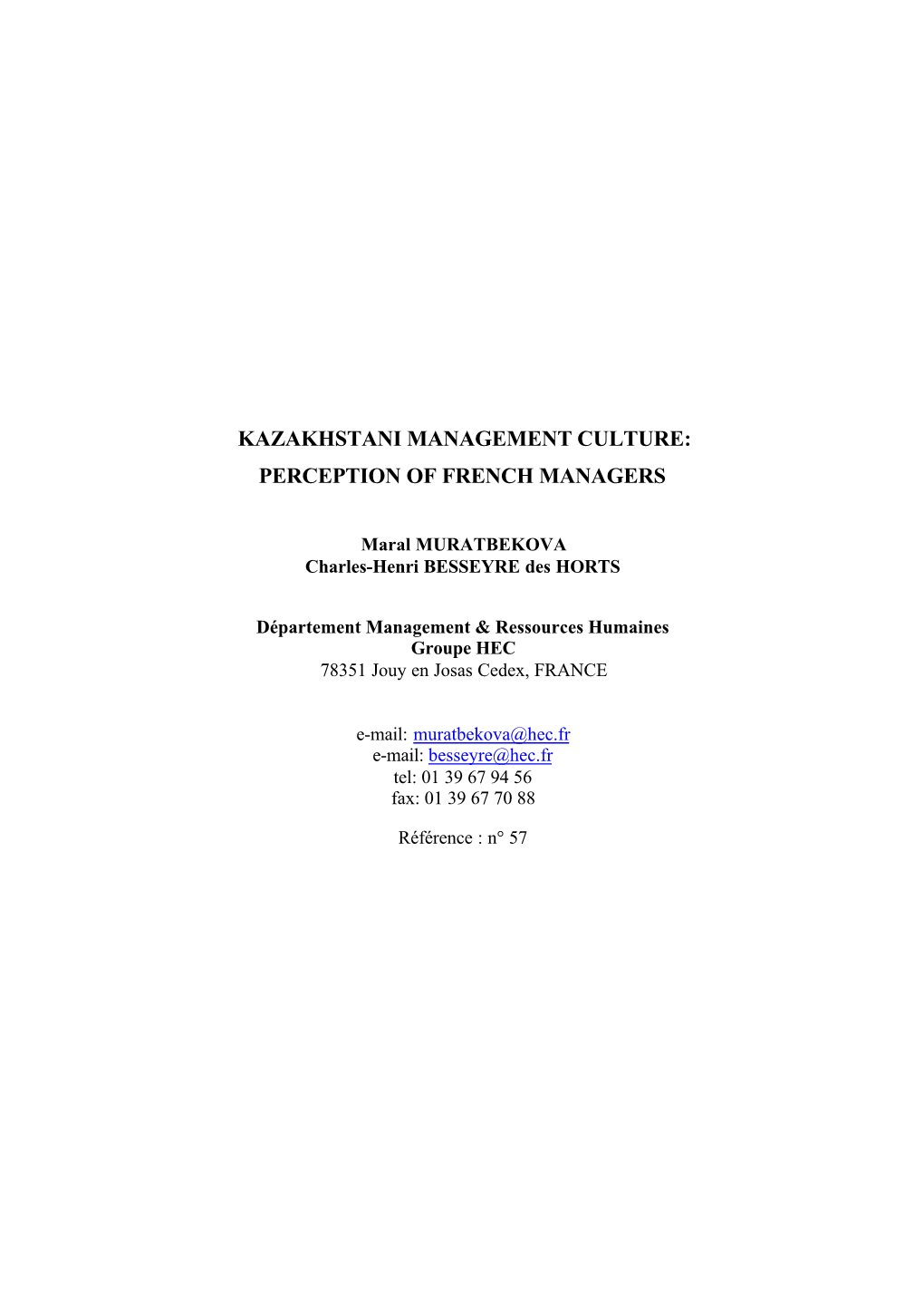 Kazakhstani Management Culture: Perception of French Managers