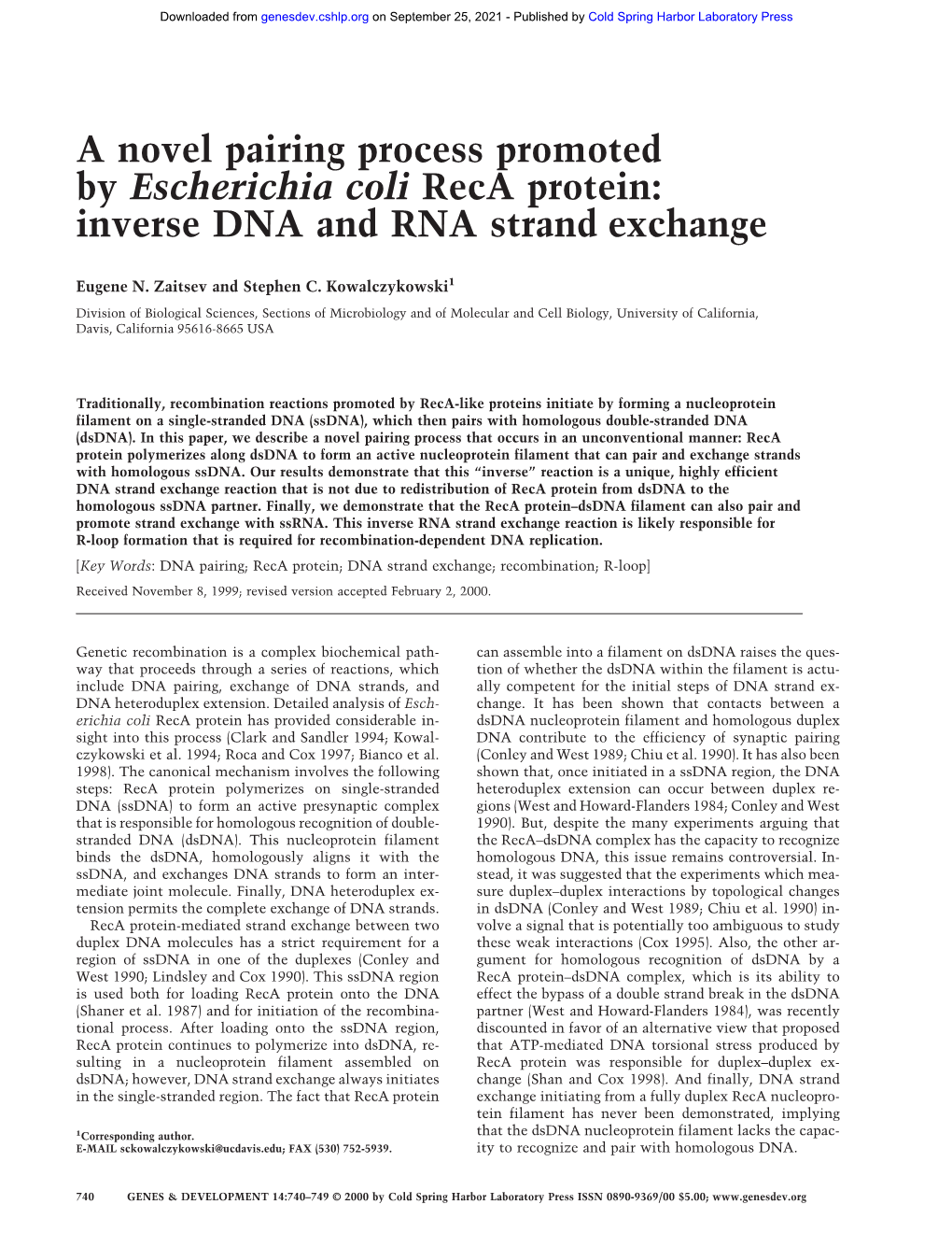 A Novel Pairing Process Promoted by Escherichia Coli Reca Protein: Inverse DNA and RNA Strand Exchange