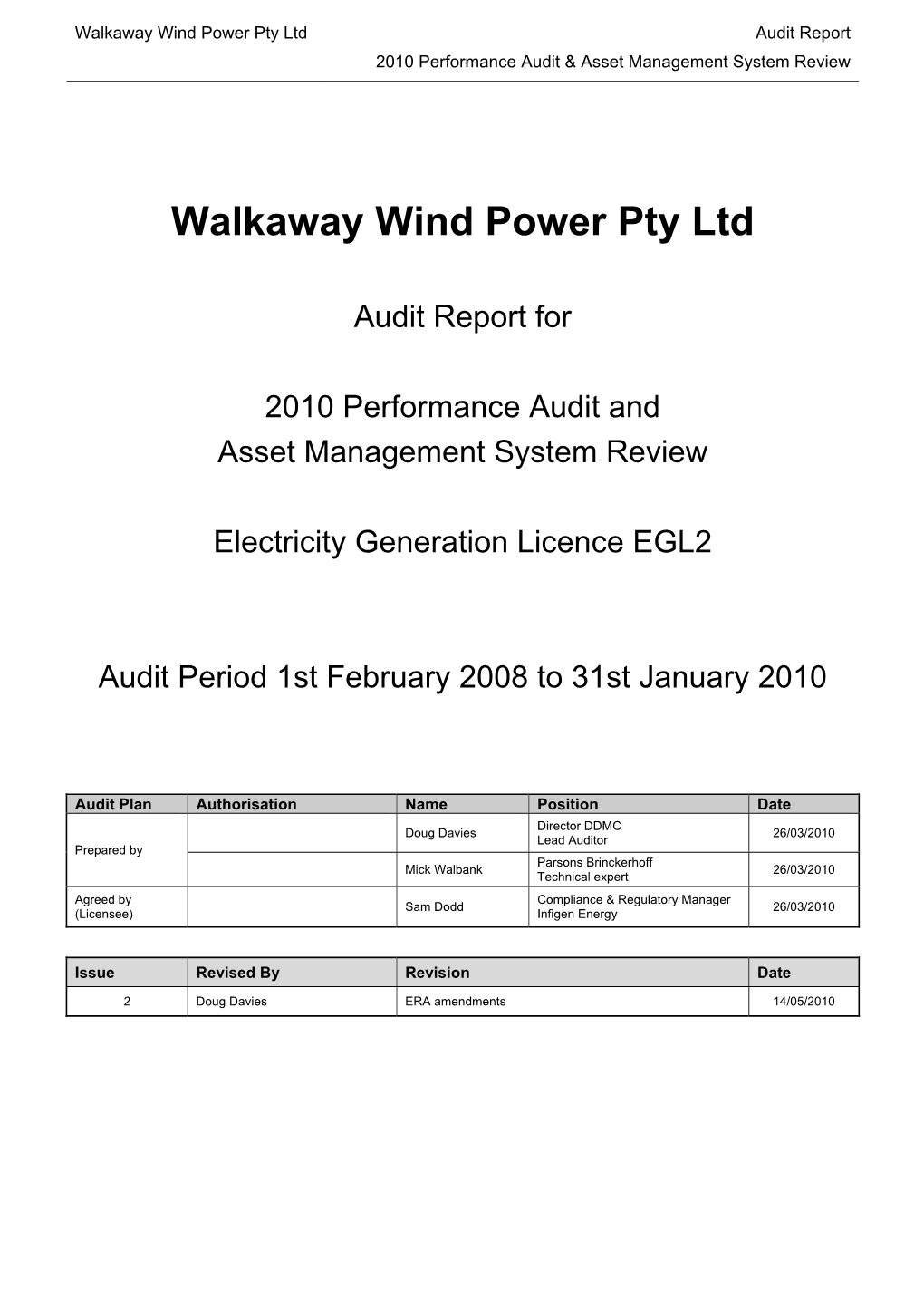 Walkaway Wind Power Pty Ltd Audit Report 2010 Performance Audit & Asset Management System Review