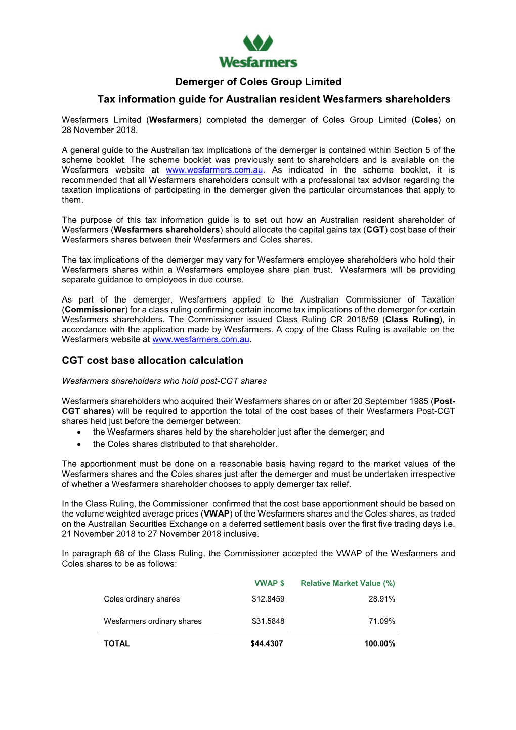 Demerger of Coles Group Limited Tax Information Guide for Australian Resident Wesfarmers Shareholders