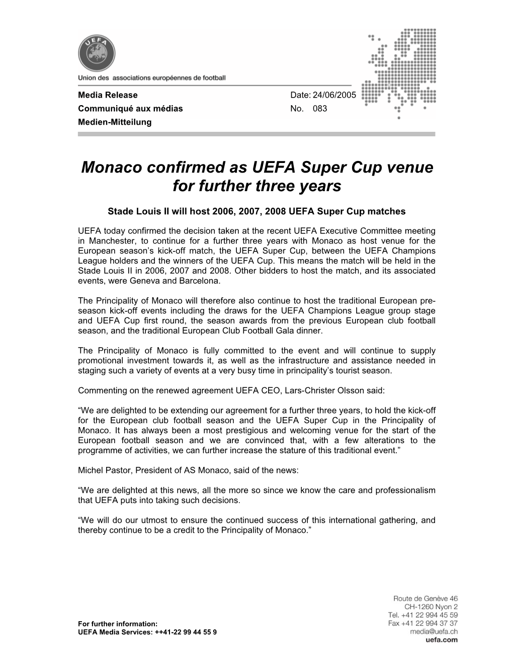 Monaco Confirmed As UEFA Super Cup Venue for Further Three Years