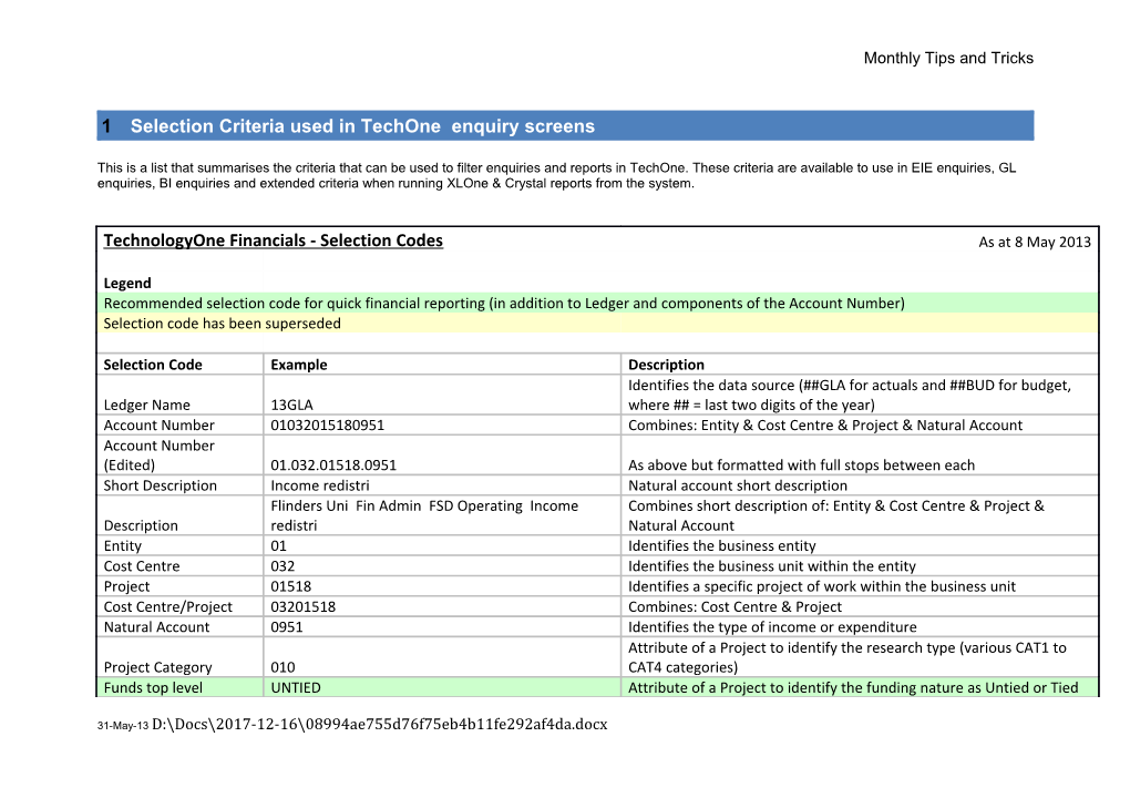 1 Selection Criteria Used in Techone Enquiry Screens