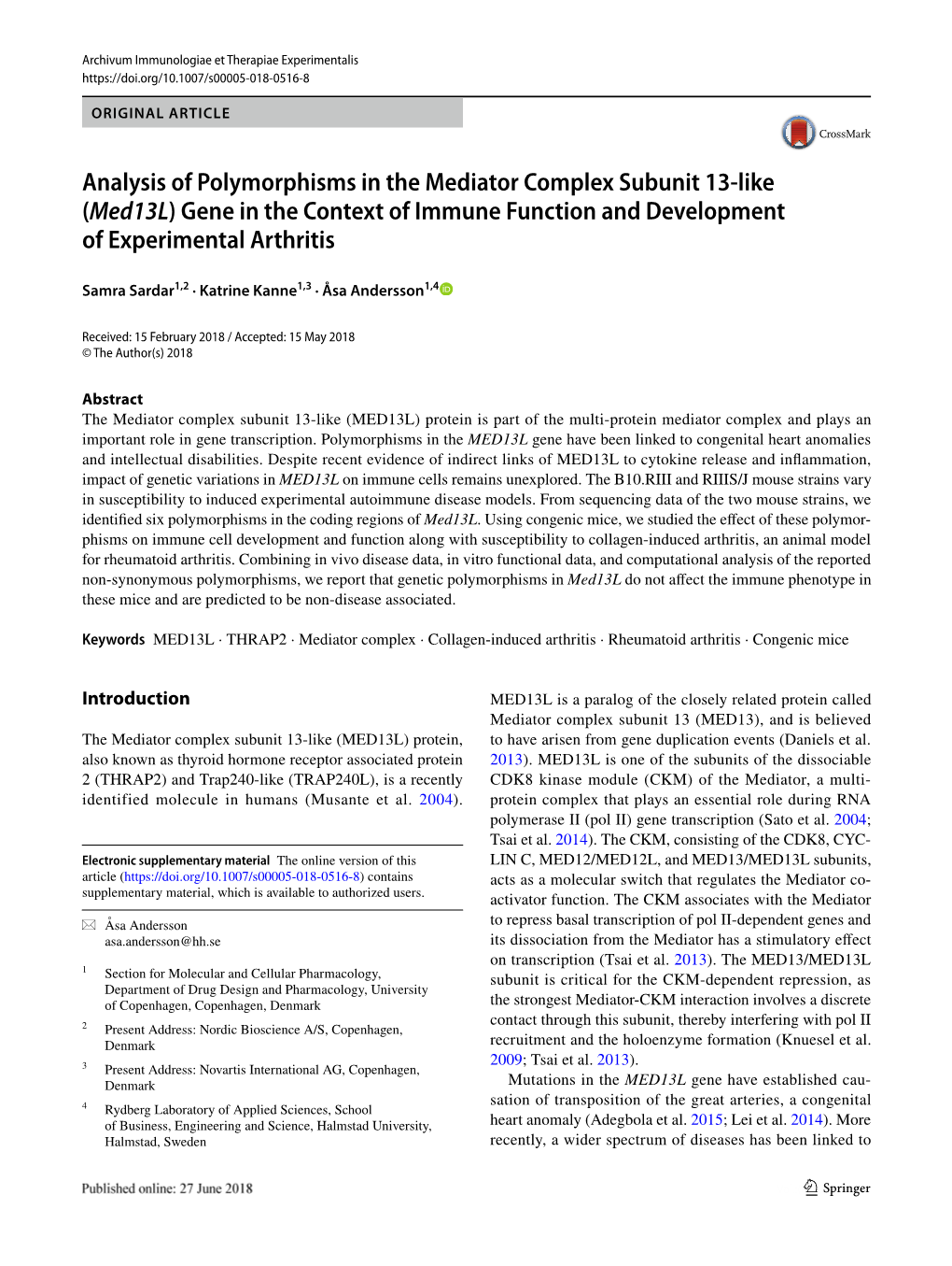 Analysis of Polymorphisms in the Mediator Complex Subunit 13-Like (Med13l) Gene in the Context of Immune Function and Development of Experimental Arthritis