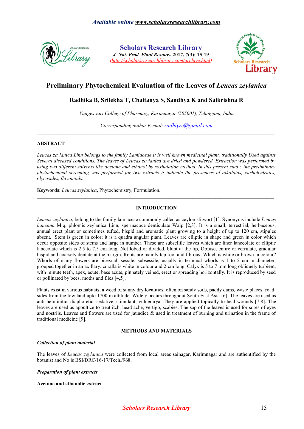 Preliminary Phytochemical Evaluation of the Leaves of Leucas Zeylanica