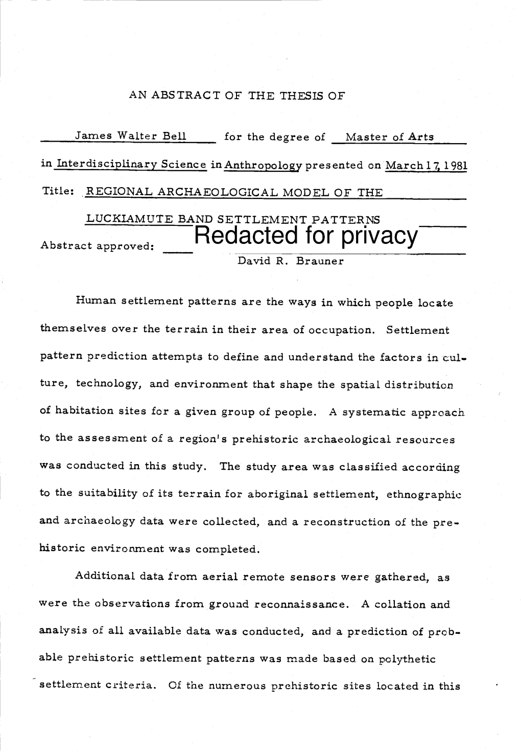 REGIONAL ARCHAEOLOGICAL MODEL of the LUCKIAMUTE BAND SETTLEMENT PATTERNS Abstract Approved: Redacted for Privacy David R