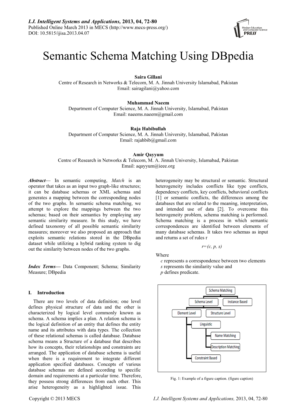 Semantic Schema Matching Using Dbpedia