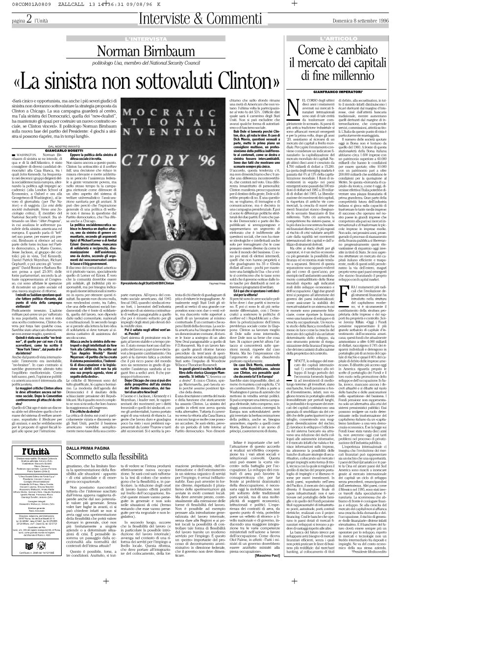 «La Sinistra Non Sottovaluti Clinton» Di Fine Millennio GIANFRANCO IMPERATORI*