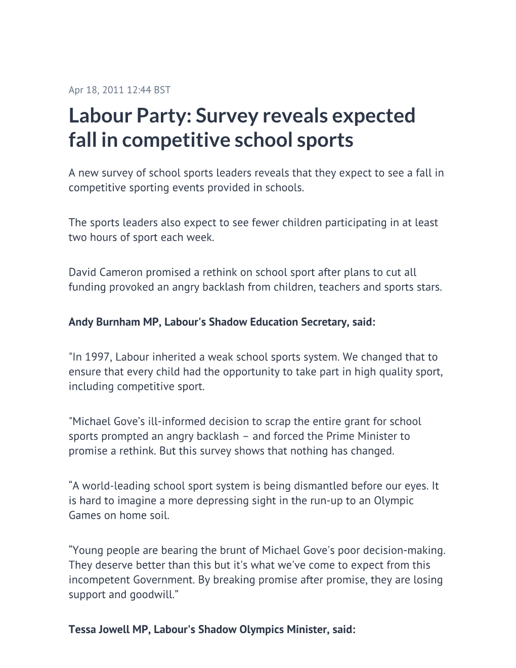 Labour Party: Survey Reveals Expected Fall in Competitive School Sports