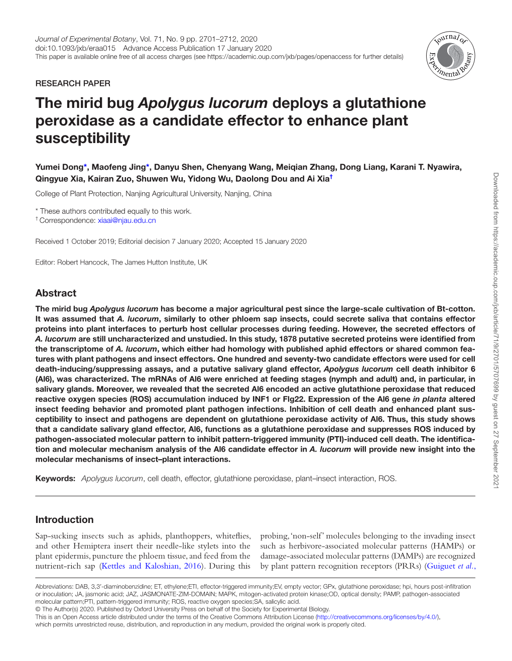 The Mirid Bug Apolygus Lucorum Deploys a Glutathione Peroxidase As a Candidate Effector to Enhance Plant Susceptibility