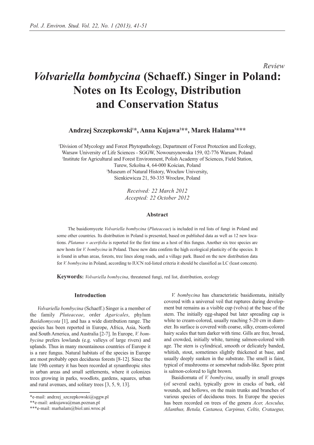 Volvariella Bombycina (Schaeff.) Singer in Poland: Notes on Its Ecology, Distribution and Conservation Status