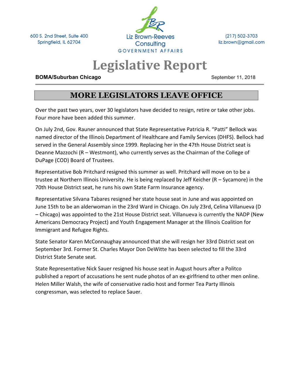 Legislative Report BOMA/Suburban Chicago September 11, 2018