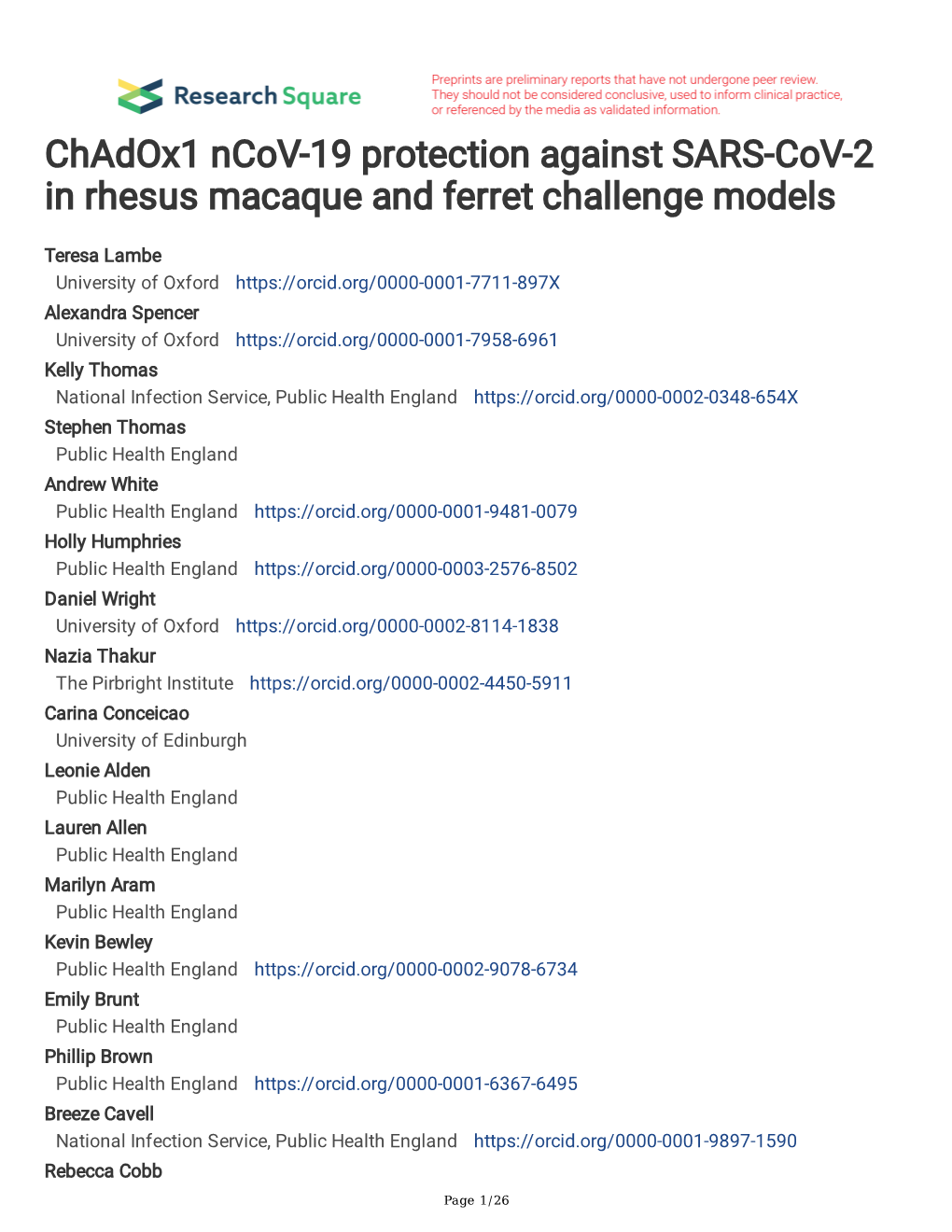 Chadox1 Ncov-19 Protection Against SARS-Cov-2 in Rhesus Macaque and Ferret Challenge Models