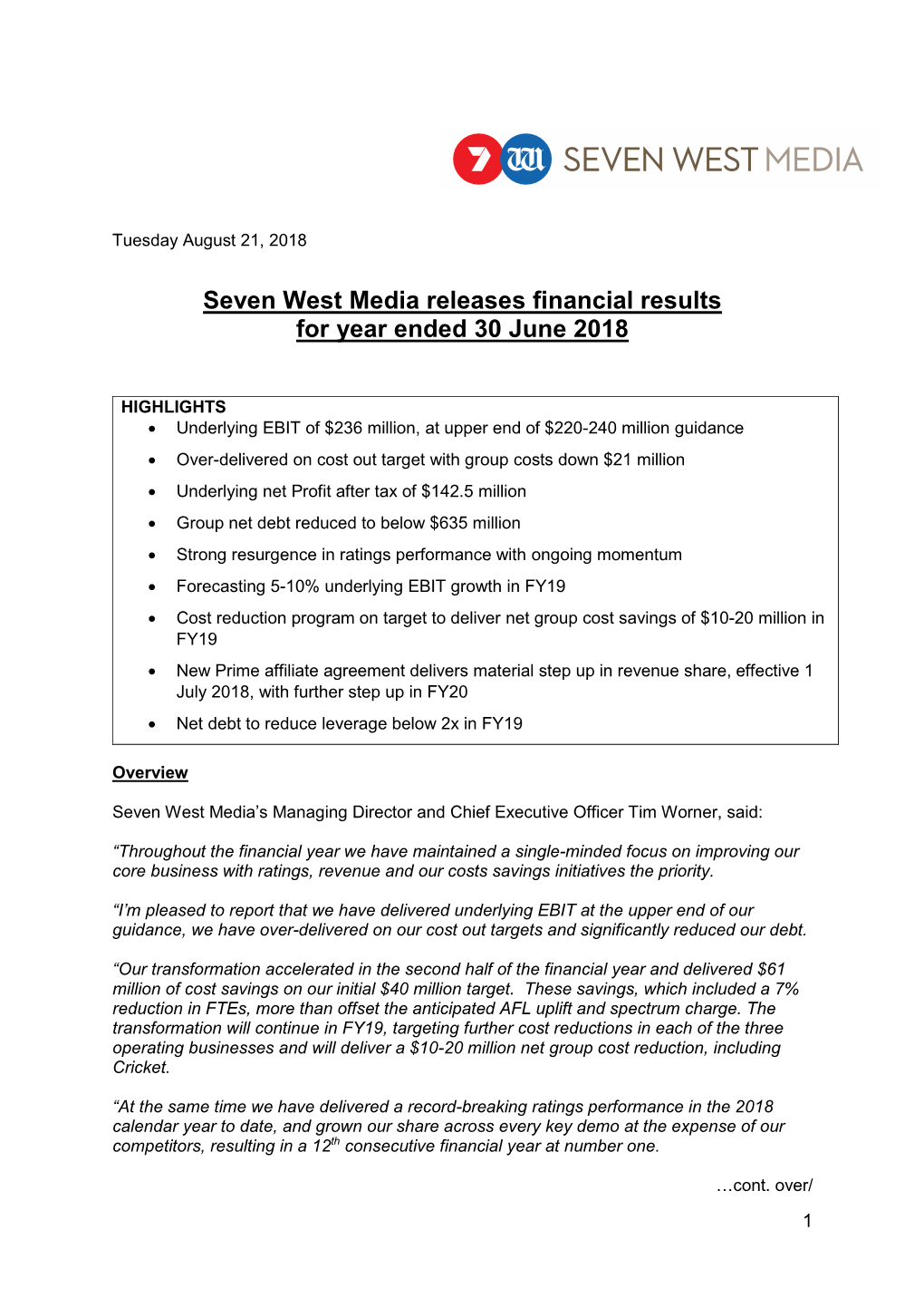 Seven West Media Releases Financial Results for Year Ended 30 June 2018