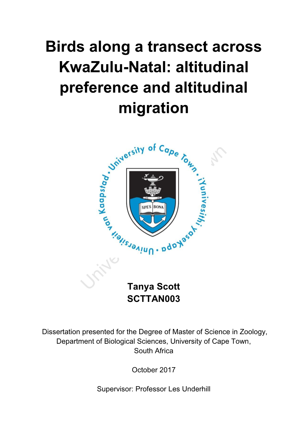 Altitudinal Migration, Bird Atlasing, Kwazulu-Natal 6 and the Digital Elevation Model