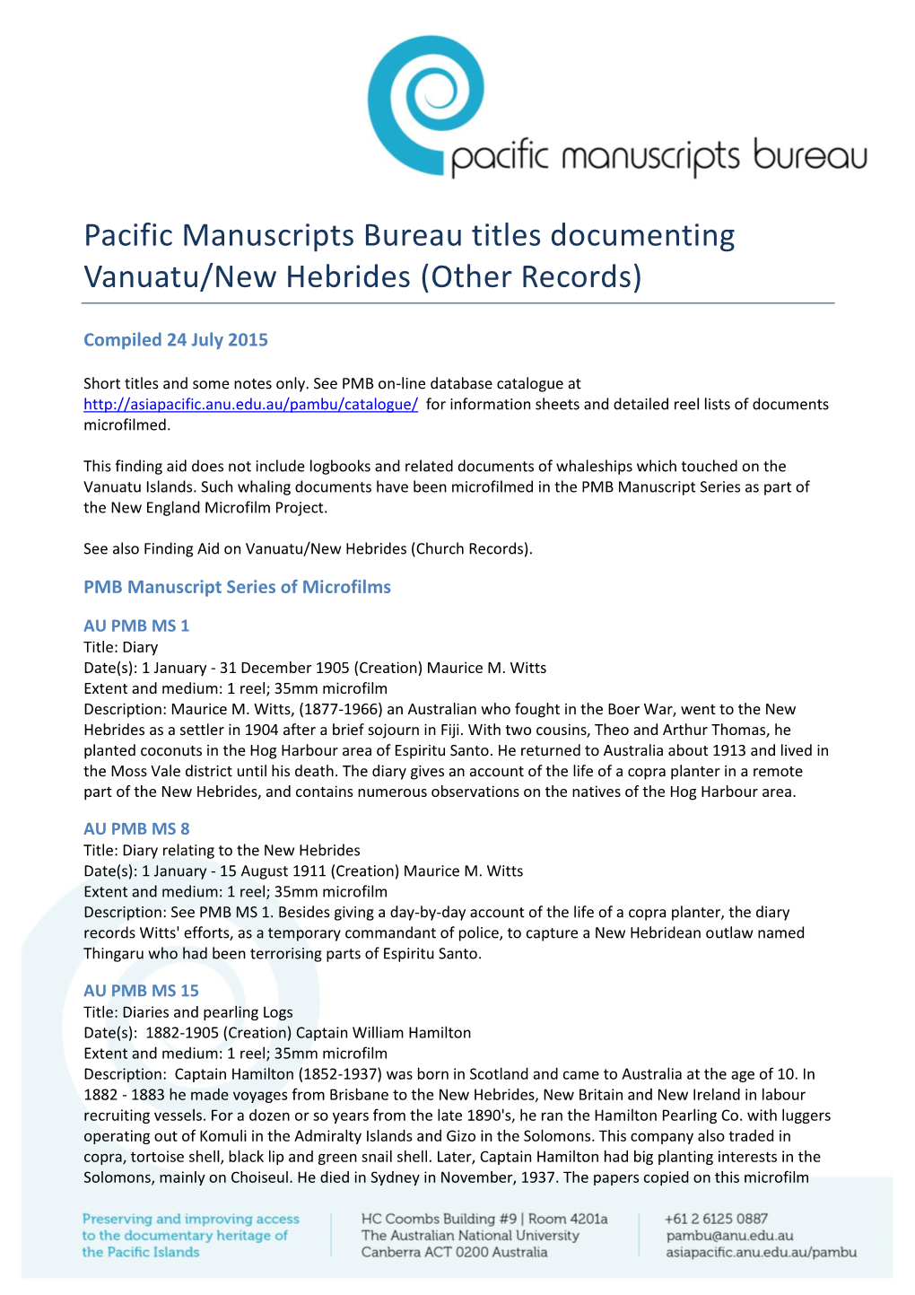 Pacific Manuscripts Bureau Titles Documenting Vanuatu/New Hebrides (Other Records)