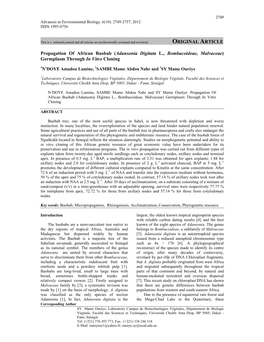 ORIGINAL ARTICLE Propagation of African Baobab (Adansonia Digitata