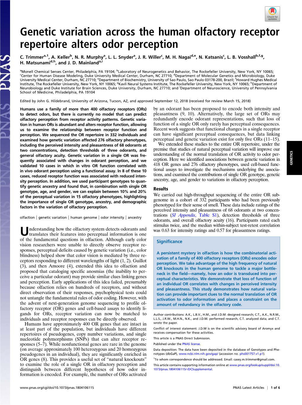 Genetic Variation Across the Human Olfactory Receptor Repertoire Alters Odor Perception