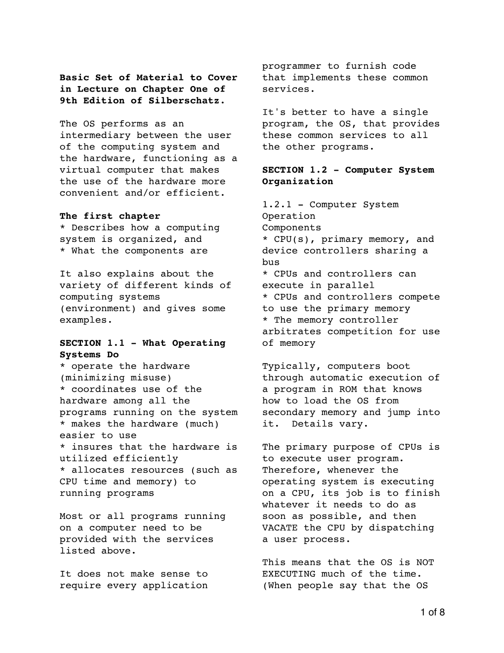 Basic Set of Material to Cover in Lecture on Chapter One of 9Th