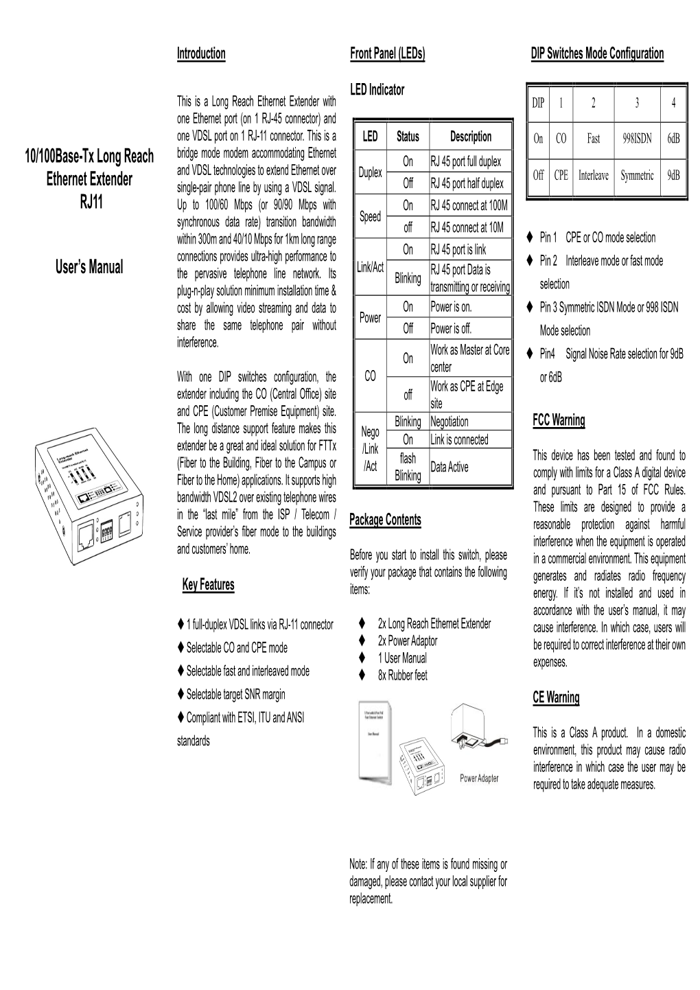 10/100Base-Tx Long Reach Ethernet Extender RJ11 User's Manual