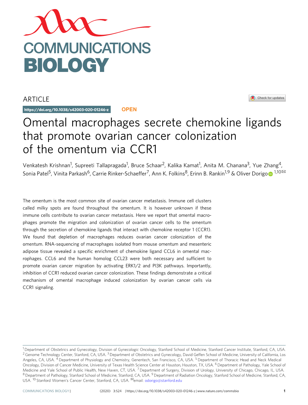 Omental Macrophages Secrete Chemokine Ligands That Promote Ovarian Cancer Colonization of the Omentum Via CCR1