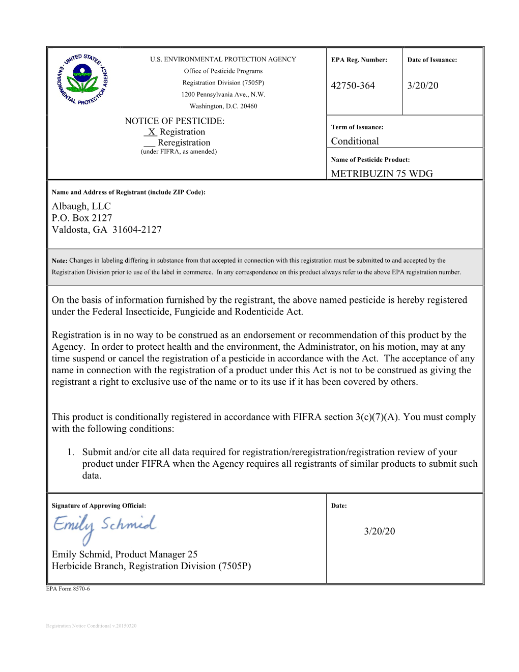 US EPA, Pesticide Product Label, Metribuzin 75 WDG,03/20/2020