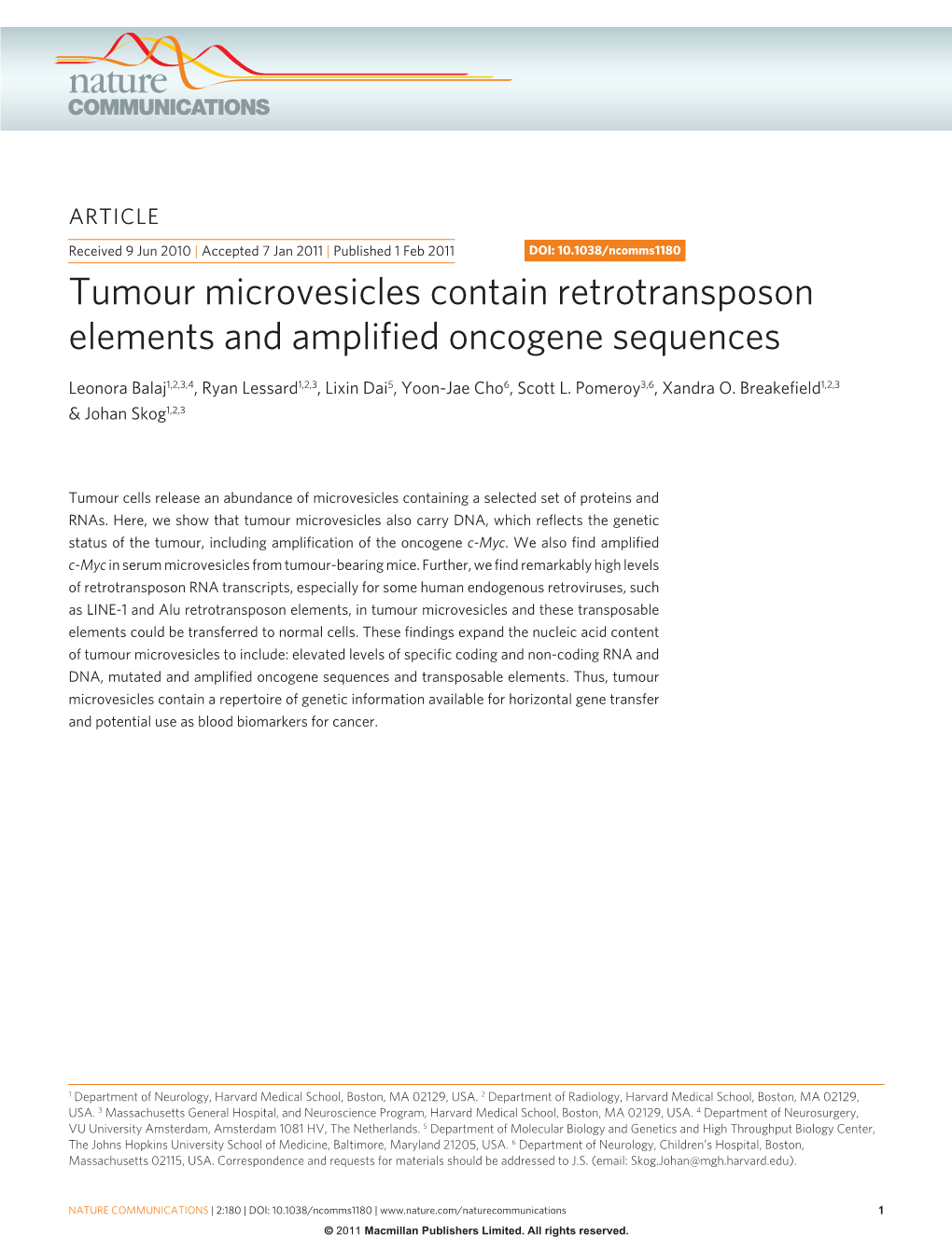 Tumour Microvesicles Contain Retrotransposon Elements and Amplified Oncogene Sequences