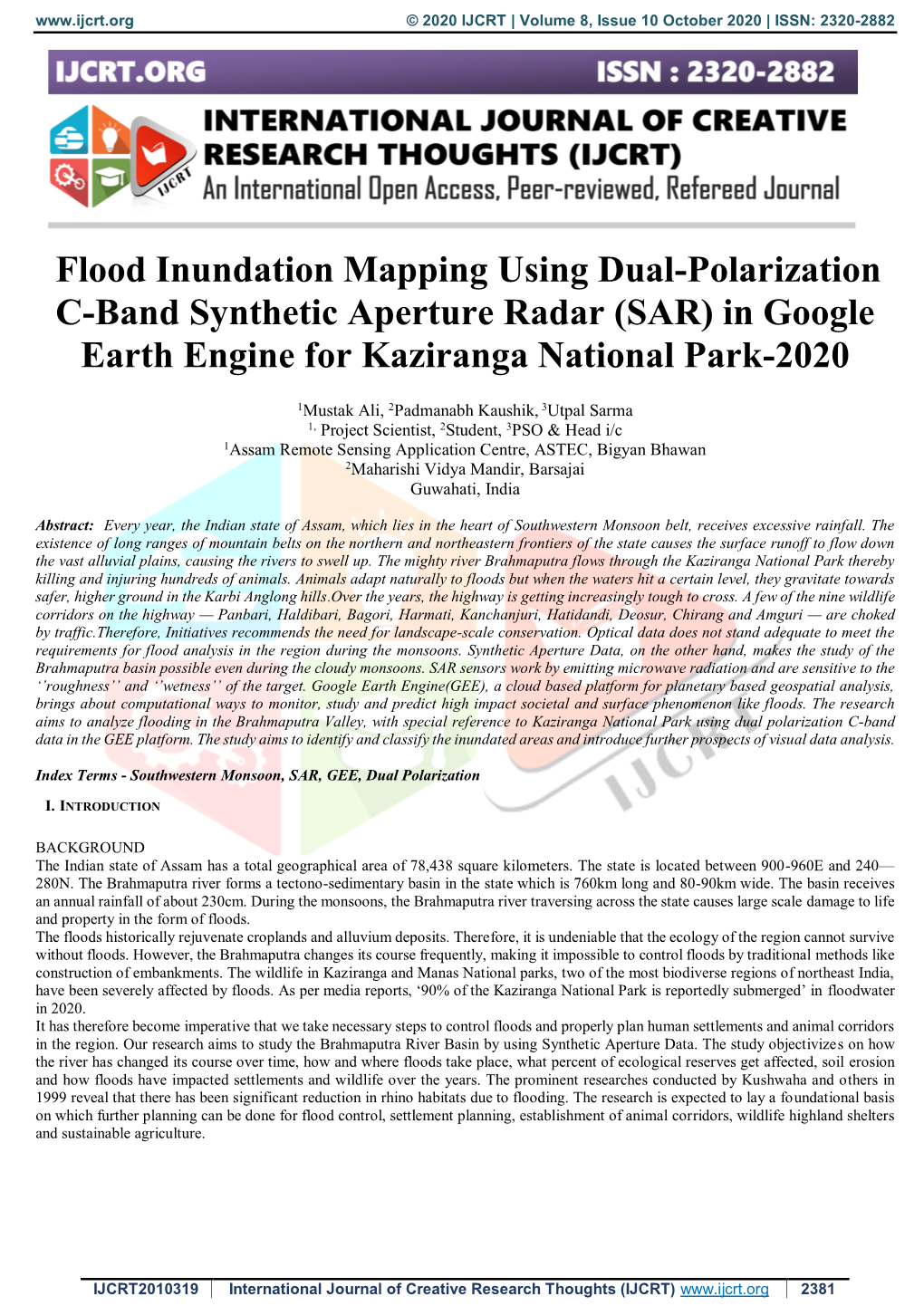 Flood Inundation Mapping Using Dual-Polarization C-Band Synthetic Aperture Radar (SAR) in Google Earth Engine for Kaziranga National Park-2020