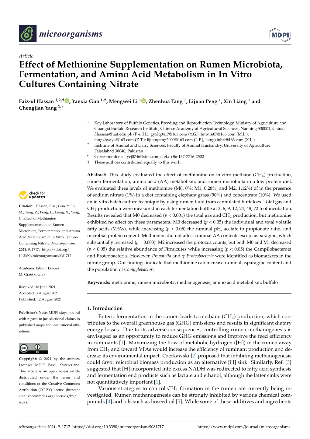 Effect of Methionine Supplementation on Rumen Microbiota, Fermentation, and Amino Acid Metabolism in in Vitro Cultures Containing Nitrate