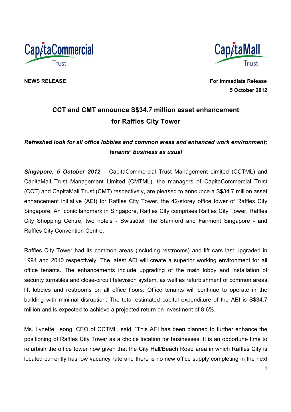 CCT and CMT Announce S$34.7 Million Asset Enhancement for Raffles City Tower