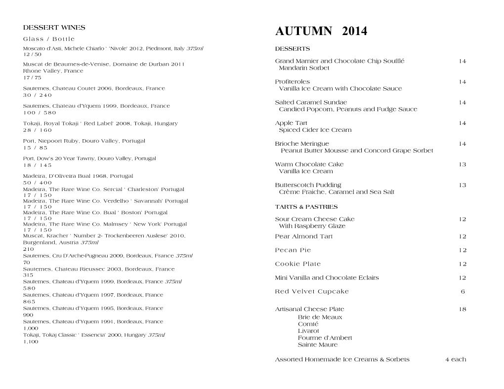 DESSERT WINES AUTUMN 2014 Glass / Bottle