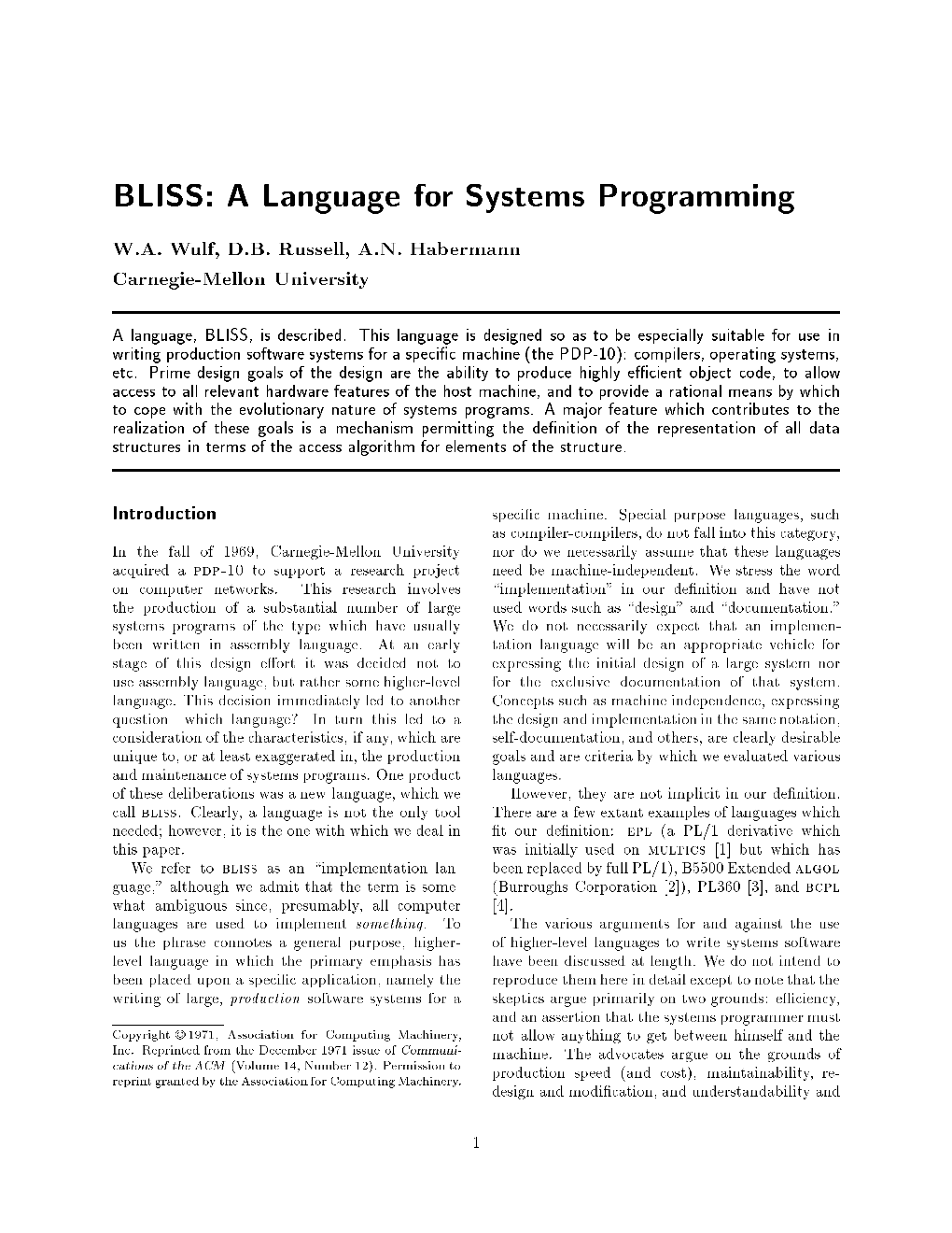 BLISS: a Language for Systems Programming