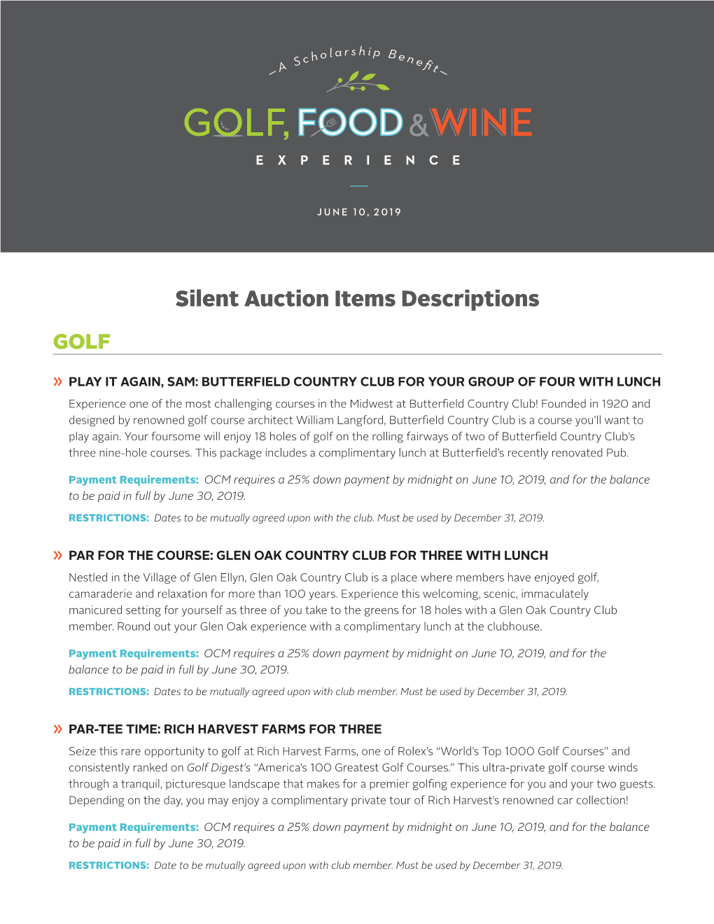 Silent Auction Items Descriptions