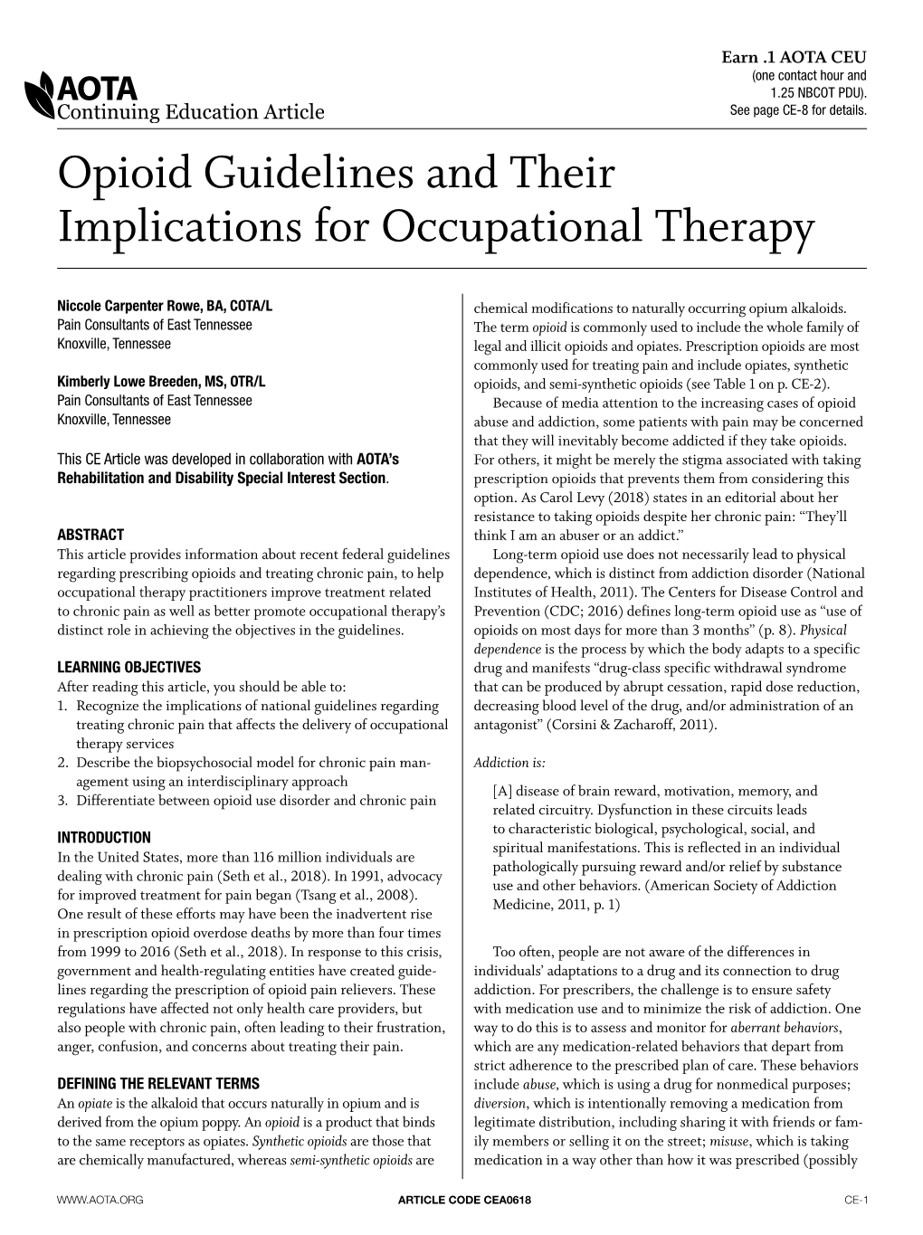 Opioid Guidelines and Their Implications for Occupational Therapy