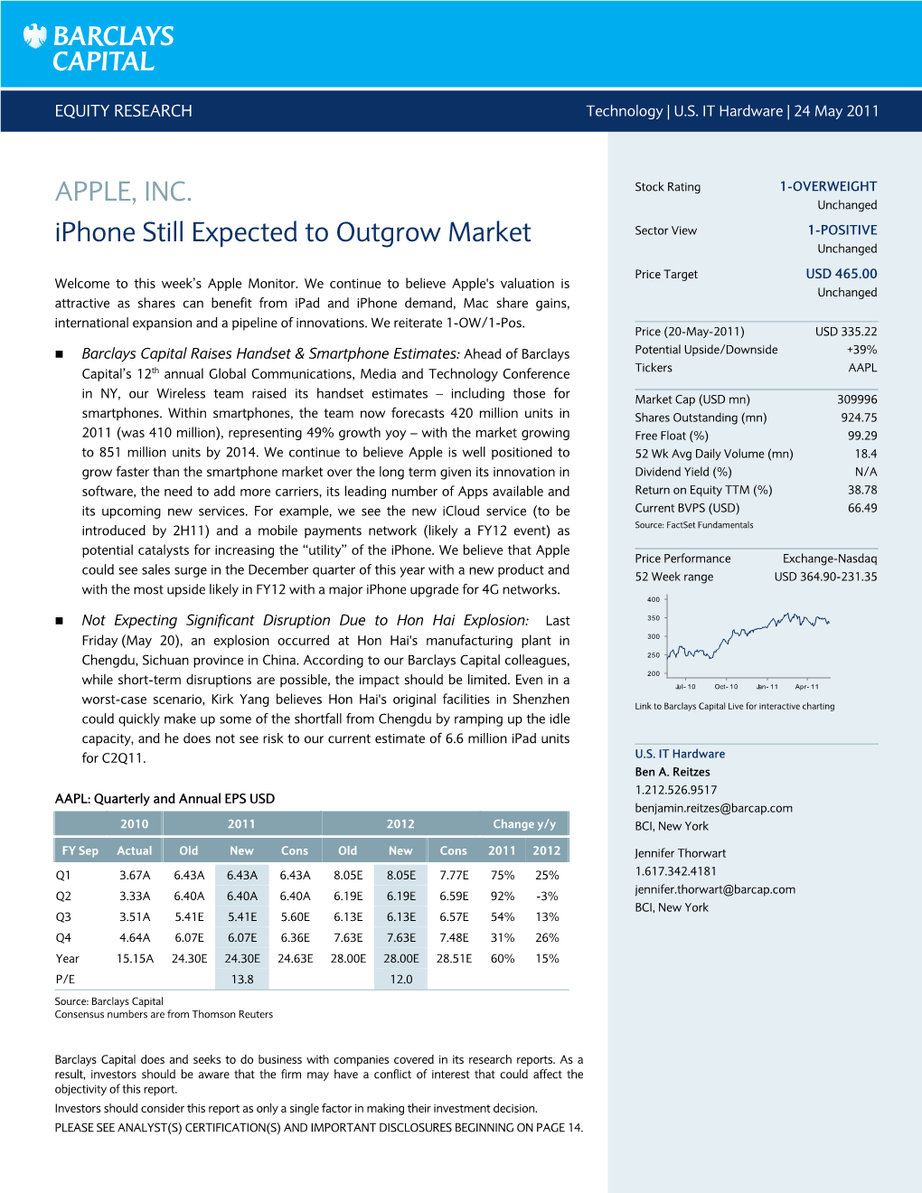APPLE, INC. Iphone Still Expected to Outgrow Market