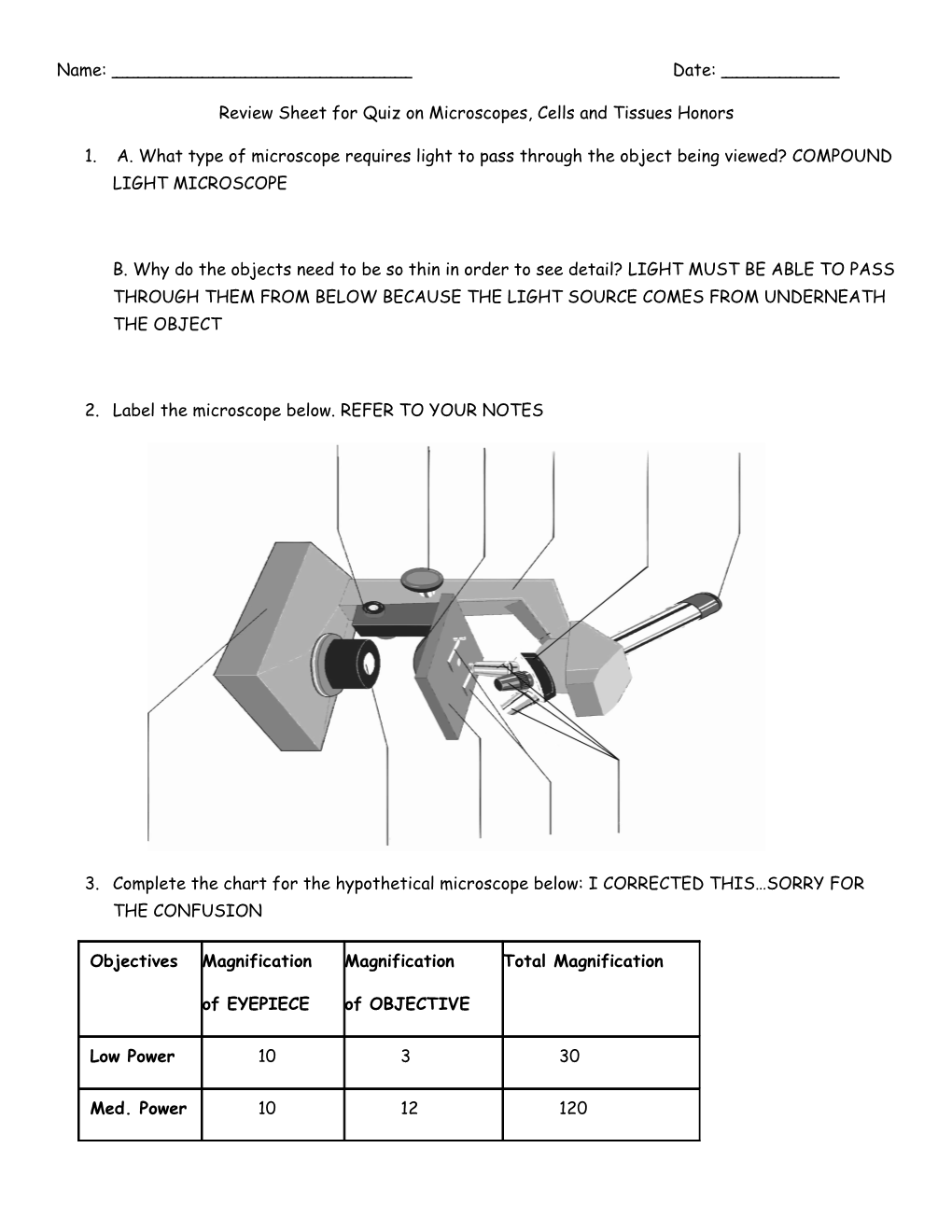 Review Sheet for Quiz on Microscopes, Cells and Tissues Honors