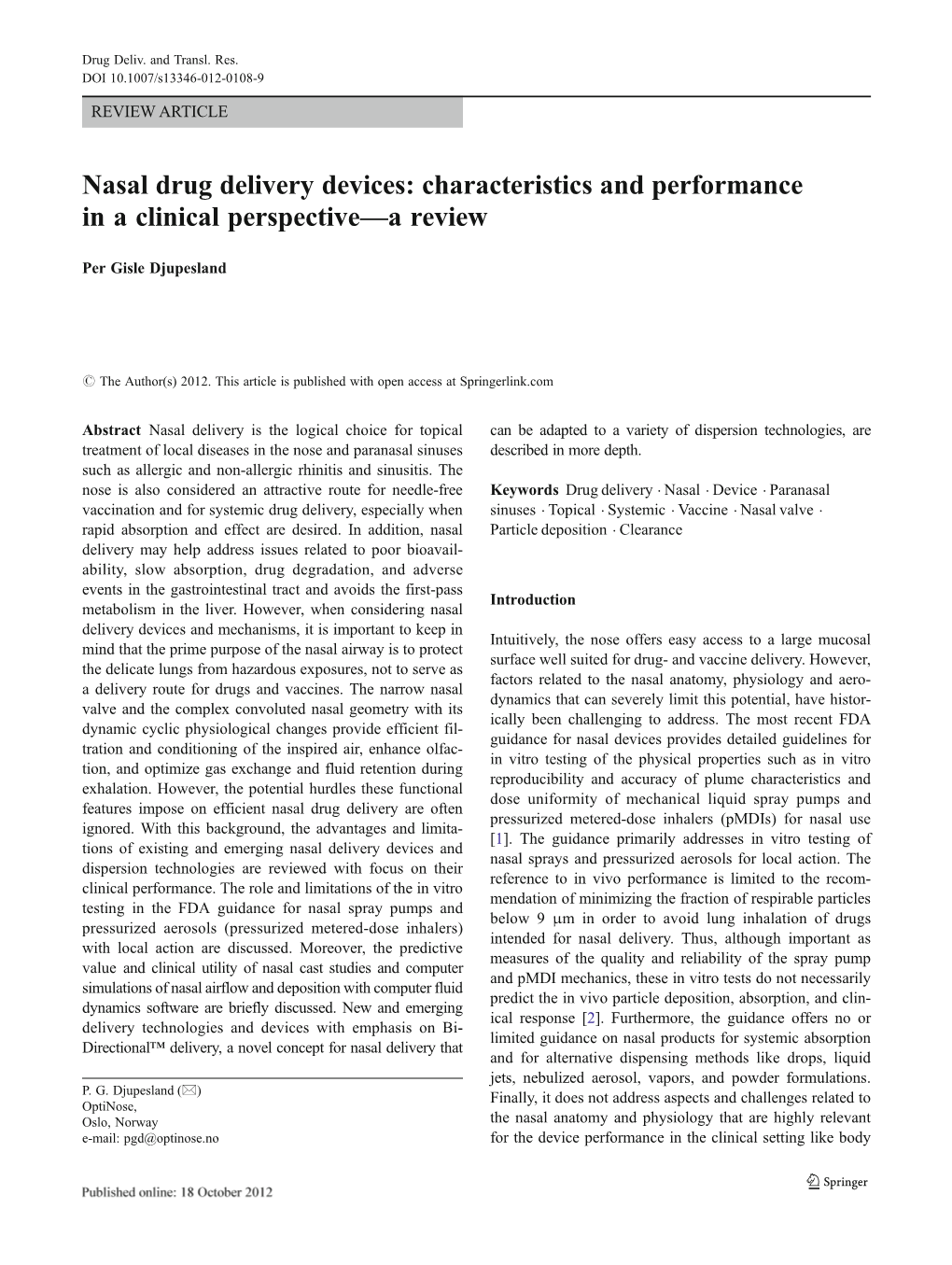 Nasal Drug Delivery Devices: Characteristics and Performance in a Clinical Perspective—A Review