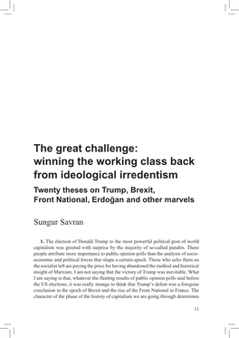 Sungur Savran, the Great Challenge: Winning the Working Class Back