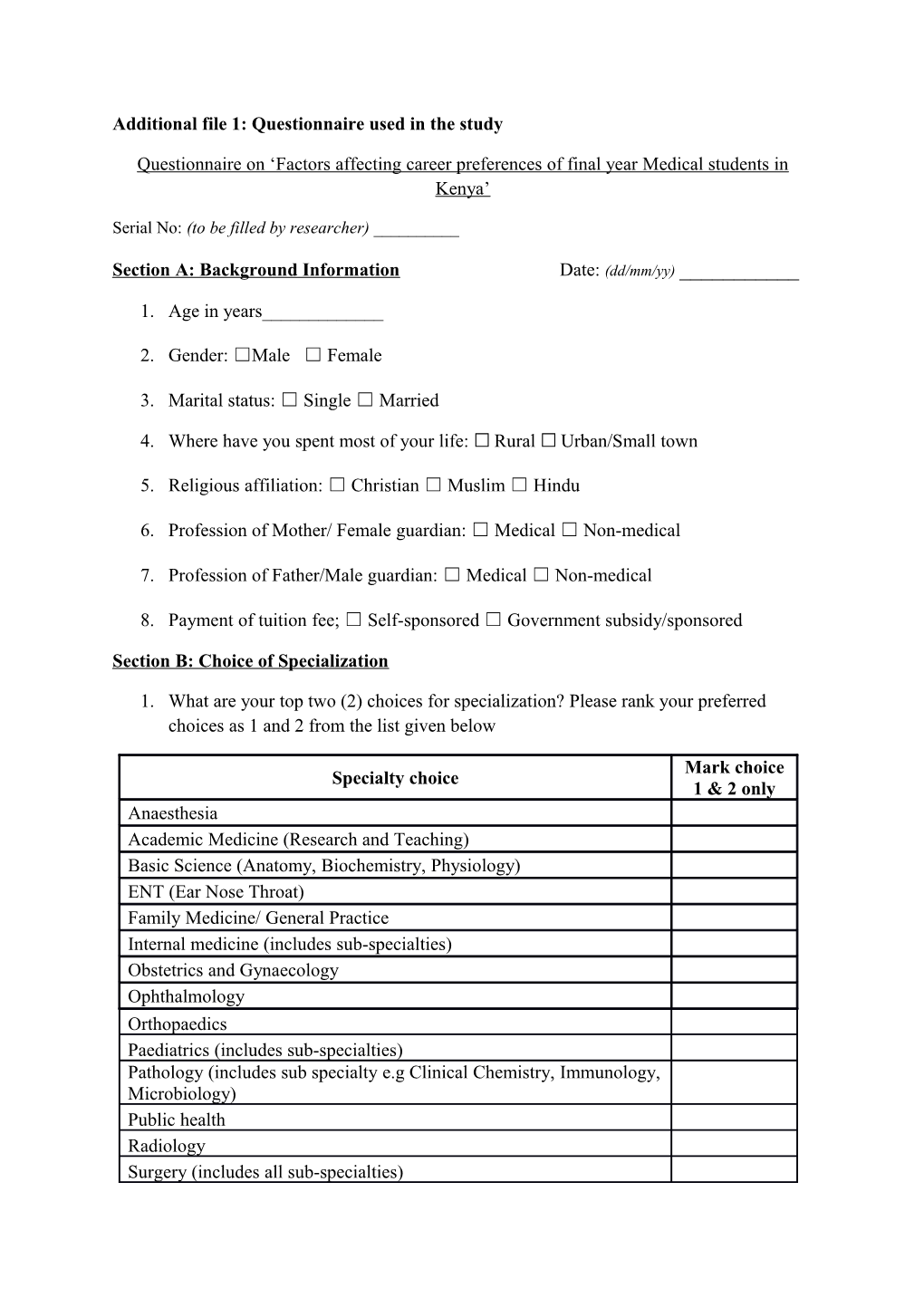 Additional File 1: Questionnaire Used in the Study