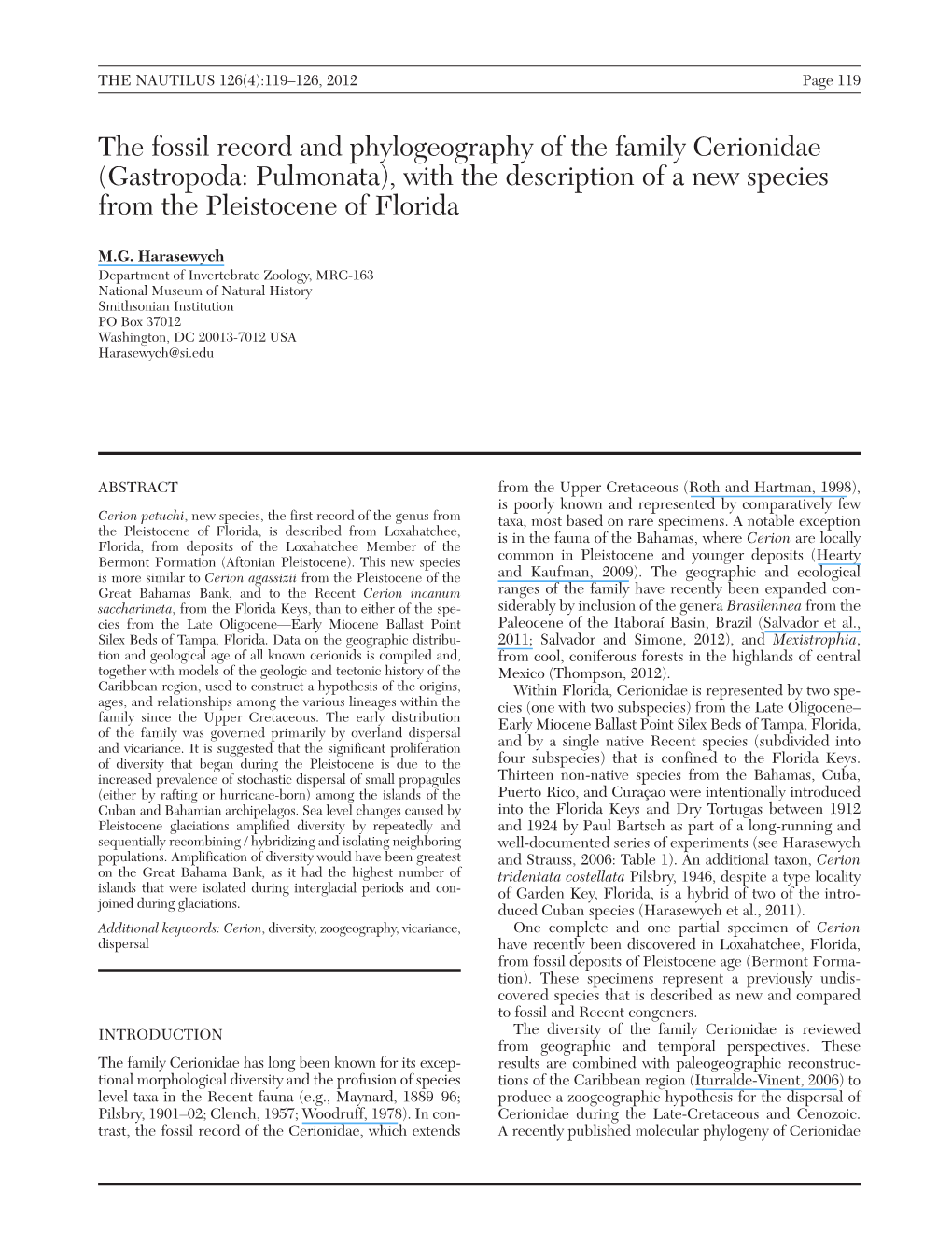 The Fossil Record and Phylogeography of the Family Cerionidae (Gastropoda: Pulmonata), with the Description of a New Species from the Pleistocene of Florida