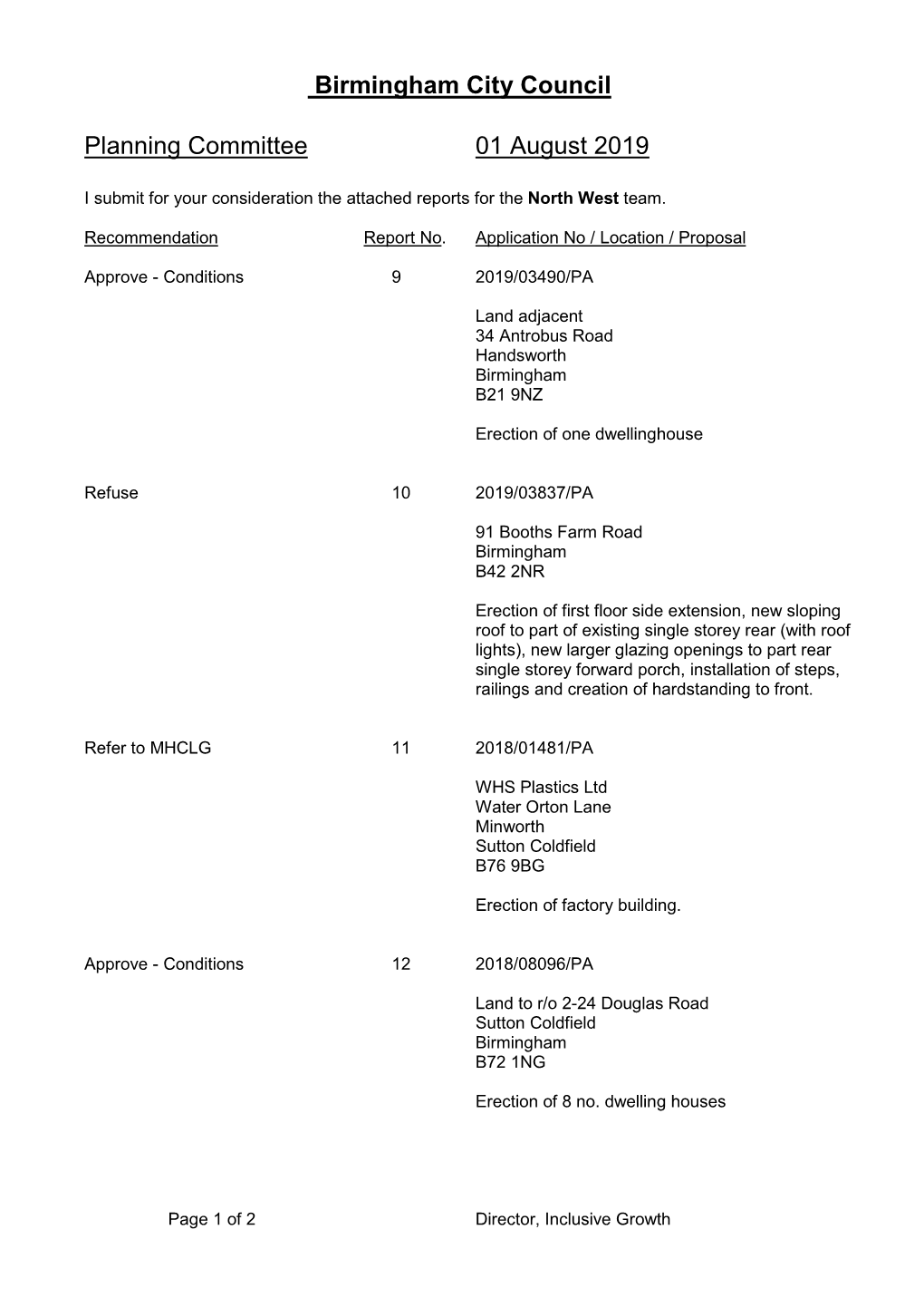 Birmingham City Council Planning Committee 01 August 2019