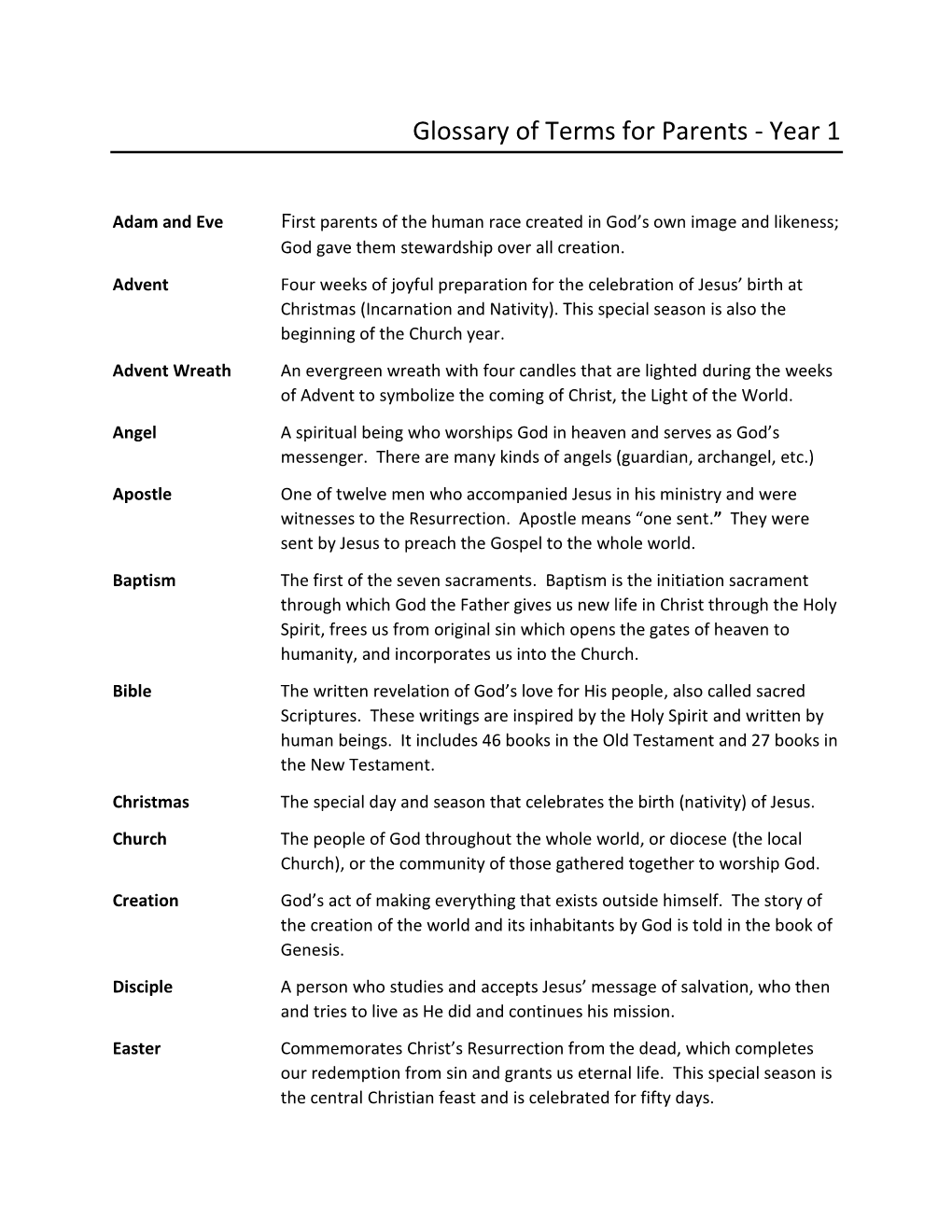 Glossary of Terms for Parents - Year 1