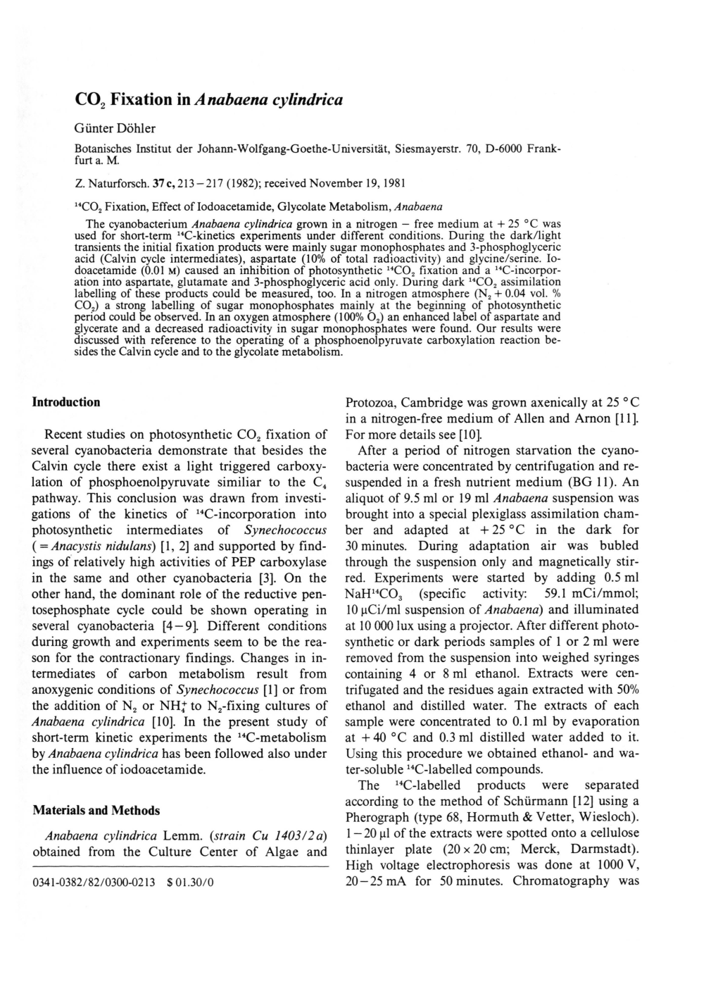 C 02Fixation in a Nabaena Cylindrica