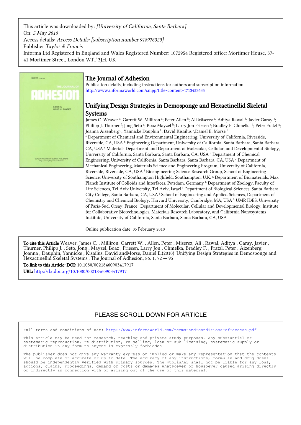 The Journal of Adhesion Unifying Design Strategies in Demosponge