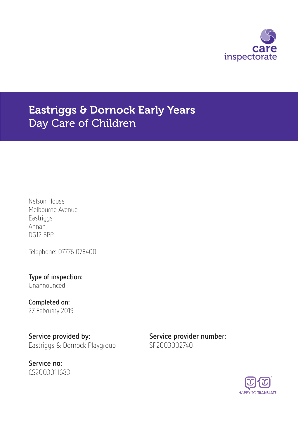 Eastriggs & Dornock Early Years Day Care of Children