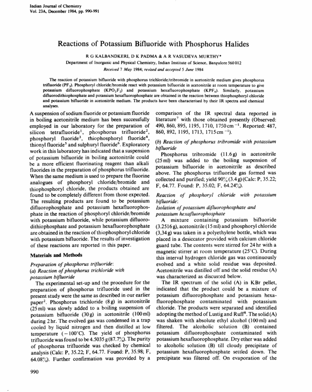 Reactions of Potassium Bifluoride with Phosphorus Halides