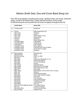 Warren Smith Solo, Duo and Cover Band Song List