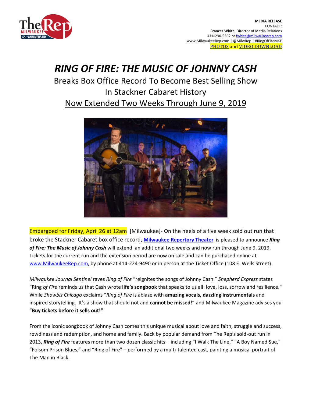 RING of FIRE: the MUSIC of JOHNNY CASH Breaks Box Office Record to Become Best Selling Show in Stackner Cabaret History Now Extended Two Weeks Through June 9, 2019