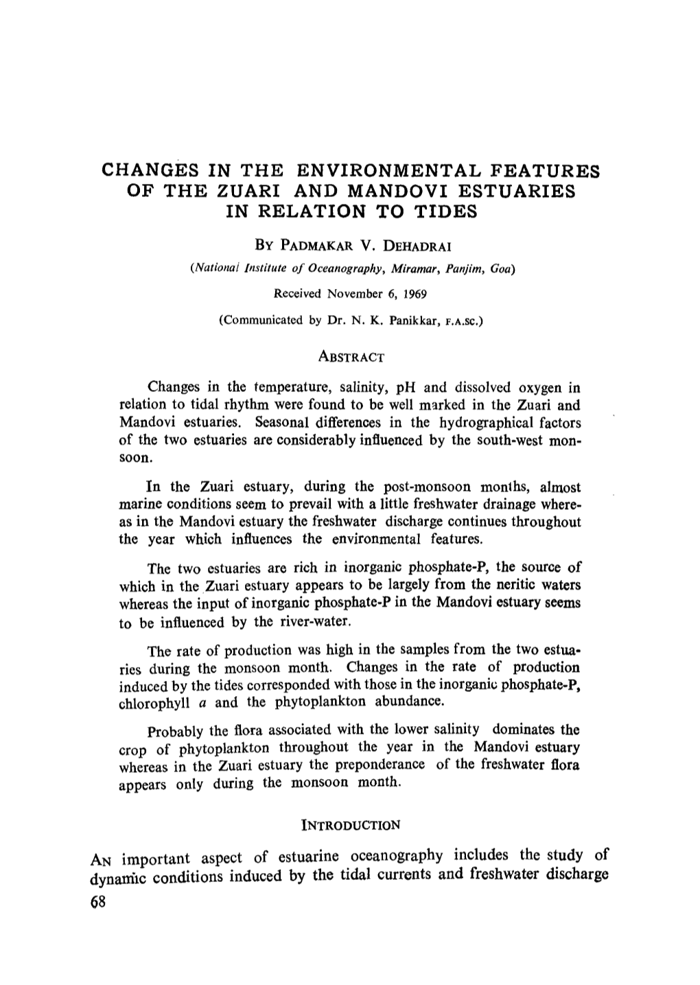 Changes in the Environmental Features of the Zuari and Mandovi Estuaries in Relation to Tides by Padmakar V