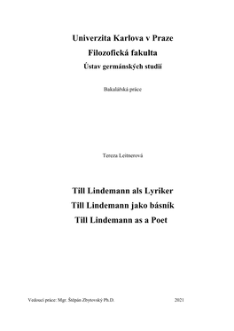 Univerzita Karlova V Praze Filozofická Fakulta Till Lindemann Als Lyriker